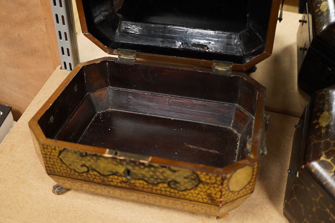 Three 19th-century Chinese gilt-decorated black lacquer sewing boxes, two containing bone sewing accessories, together with a similar tea chest (4) largest box- 33.3cm wide x 20cm high